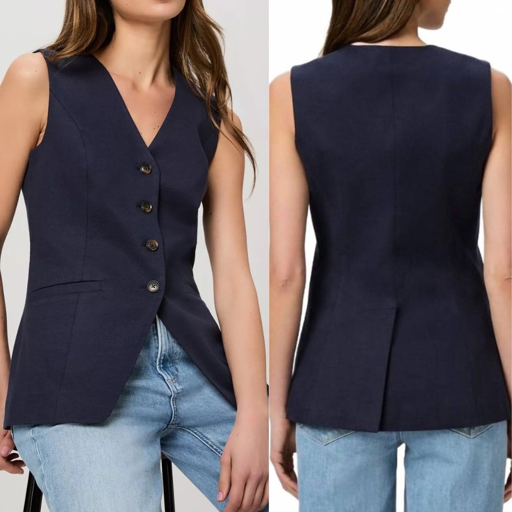 PAIGE $490 Campanelli Vest Sze 10 Dark Ink Blue Button-Through V-Neck Minimalist